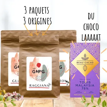 Coffret 3 sachets café bio avec barre de chocolat "Beau Cacao"