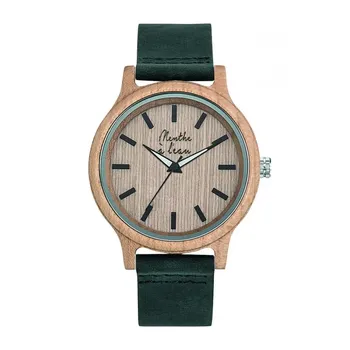 Montre Mixte made in france, l'Erable, cuir et bois, kaki, 157