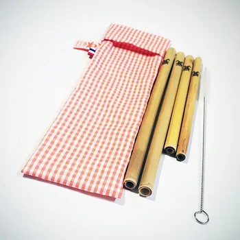 4 Pailles bambou coton bio pour enfants adultes avec pochette 