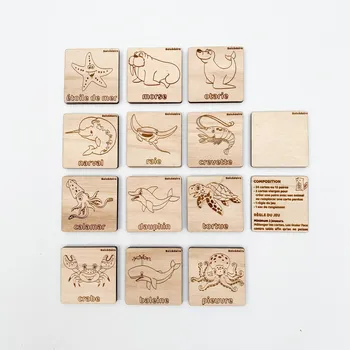 Jeu en bois enfant bio 12 paires " Mémory Mer " verso cursive
