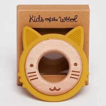 Anneau de dentition en silicone et bois pour bébé, modèle Chat, Kids of the Wool        