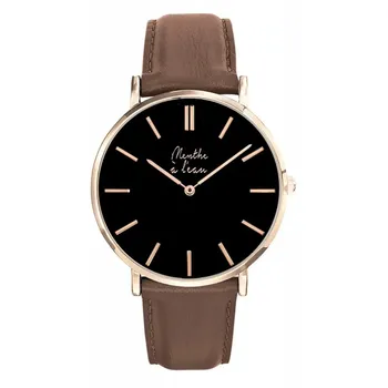 Montre homme made in france, cuir noir doré rose, 155