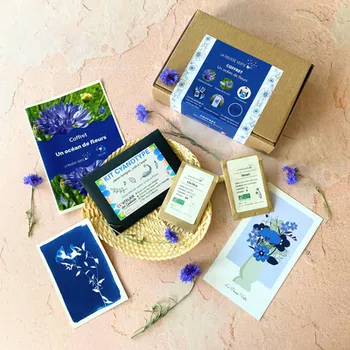 Coffret cadeau Un océan de fleurs : bleuet, lin et kit DIY cyanotype