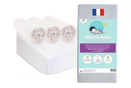 Kit Matelas 40x90 + 3 Draps housse Coton BIO blanc + 2 Alèses BIO