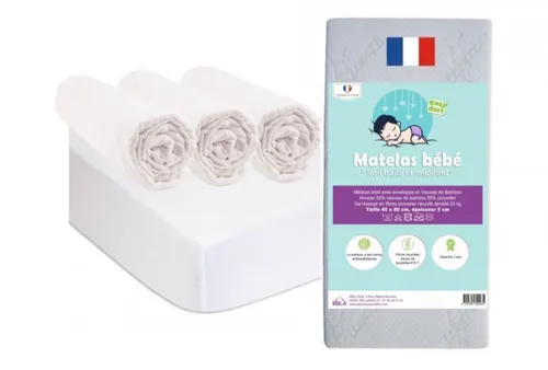 Matelas 40x80 cm + 3 draps housse coton bio blanc + 2 alèses bio