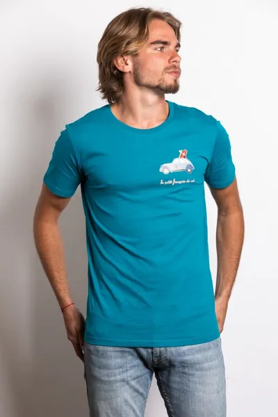 Tee-shirt homme, la petite 2CV surf, 100% coton, couleur turquoise
