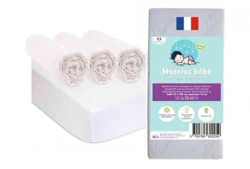 Matelas bébé 70x140 cm + 3 Draps housse Coton blanc + 2 Alèses