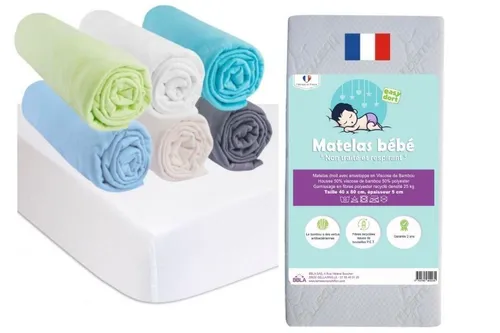 Matelas bébé 40x80 + 6 Draps housse Coton OCÉAN + 2 Protèges-matelas