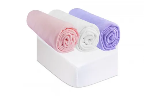 Kit de 3 draps housse 70x140 (Rose, Blanc, Parme) + 2 Protèges-matelas