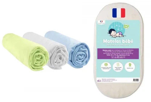 Matelas 32x72 bébé couffin + 3 draps housse bambou : anis, blanc, ciel