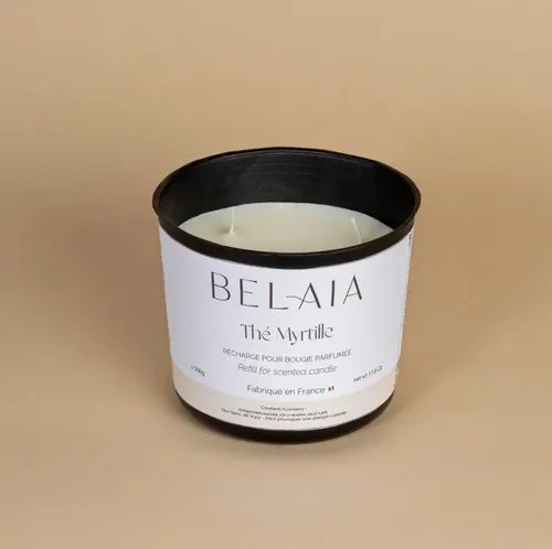 Recharge Bougie végétale Thé Myrtille, 200h, parfum de grasse, Belaia