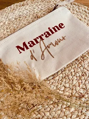 Pochette beige 100% coton "Marraine d'amour" Petite/Moyenne/Grande