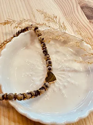 Bracelet Lyon Jaspe dalmatien - Beige/Noir - coeur en acier inox doré