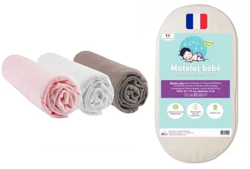Matelas 32x72 cm pour couffin bébé fille + 3 draps housse bambou