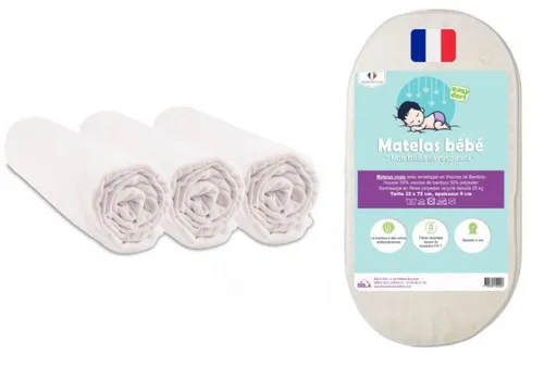Matelas pour couffin bébé 32x72 cm + 3 draps housse en coton bio blanc