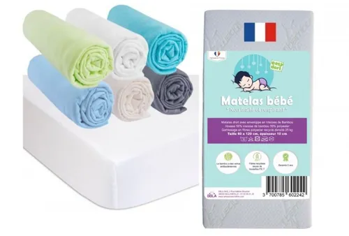 Matelas 60x120 cm + 6 draps housse coton océan + 2 protèges-matelas