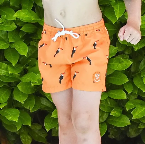 Short de bain enfant "Le petit Plumé" en tissu 100% recyclé - orange
