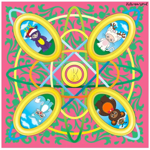 Foulard carré illustré pour enfants en soie rose