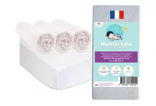 Matelas bébé 60x120 cm + 3 Draps housse Coton BIO blanc + 2 Alèses BIO
