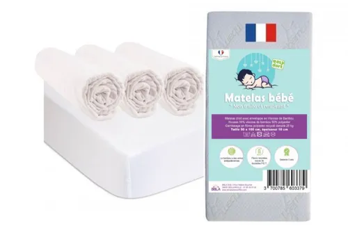 Kit Matelas bébé 50x100cm + 3 Draps housse en Coton Blanc + 2 Alèses